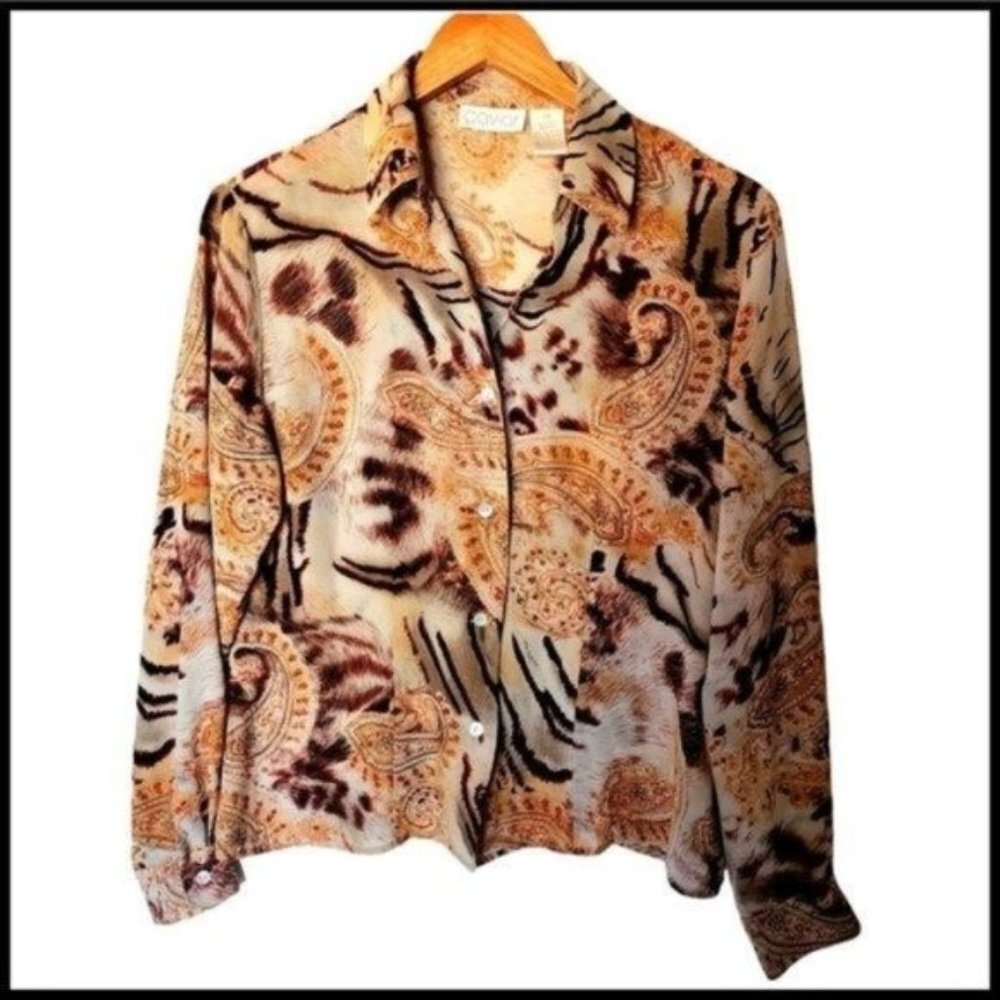 Vintage Caviar Paisley‎ Animal Mixed Print Button Down Shirt M Medium Brown